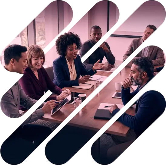 Senior team in discussion, shown through the diagonal bars of the Audience Strategies mark
